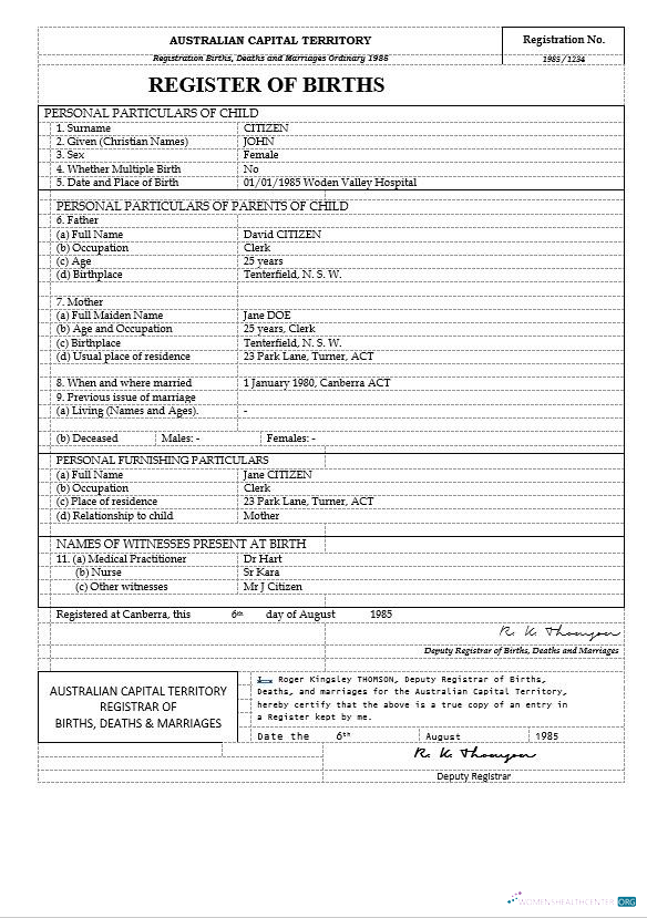 Australia Australian Capital Territory birth certificate template in Word format, version 2